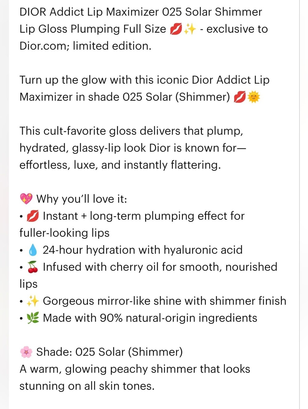 DIOR Addict Lip Maximizer 025 Solar Shimmer Lip Gloss Plumping Full Size NIB - Picture 4 of 5